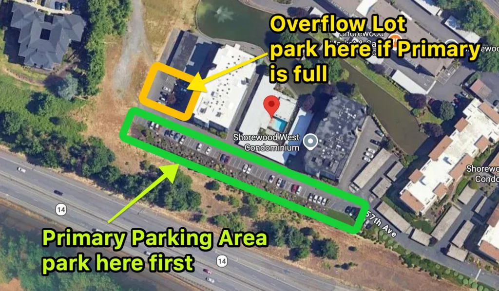 Parking lot layout with arrows indicating south side parking and west side overflow